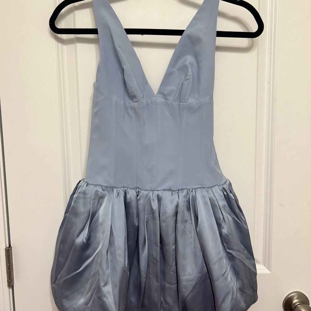 Oh Polly Lace-Up Bubble Hem Corset Micro Mini Dress in Light Blue
